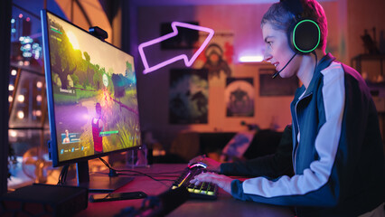 Hyped Female Gamer Playing PvP 3D Shooter Video Game in Which Players Fight in a Tournament on Her Personal Computer. Room and PC with Neon Lights. Stylish Young Woman in Cozy Room at Home.