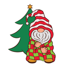 Cute gnome Christmas vector illustration. Funny nordic gnome standing under the Christmas tree with coffee mug. Hot drink cocoa and marshmallows cozy holiday concept.