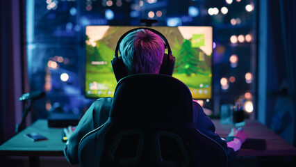 Back View: Professional Female Gamer Playing a Video Game on Personal Computer in a Neon Living Room at Home. Girl Ready to Win Tournament. Stylish Urban Apartment