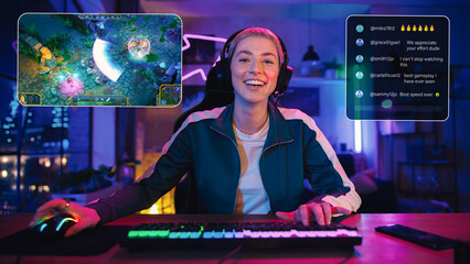 Excited Female Streamer Playing a Video Game Online. Stylish Woman Streaming Gameplay from Her...