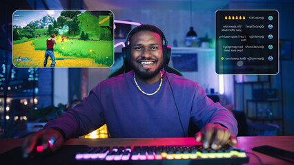 Excited African American Streamer Playing a Shooter Video Game. Man Streaming His Gaming Progress...