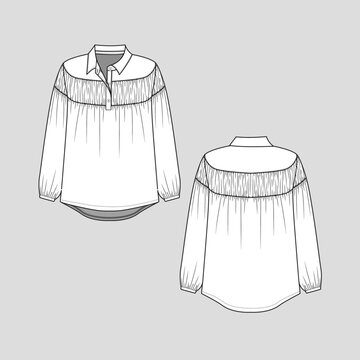 Fashion Gathering Polo Collar T Shirt   Top Long Sleeve Gathering With Cuff Hem Half Open Button Panel Placket High Low Hem Shirt Blouse Flat Sketch Technical Drawing Template Design Vector