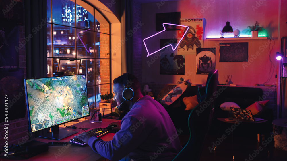 Poster gaming from home: black gamer playing online video game on powerful personal computer. stylish male 