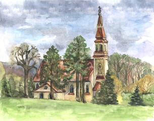 Old church in the park painting in watercolor. Handmade landscape.