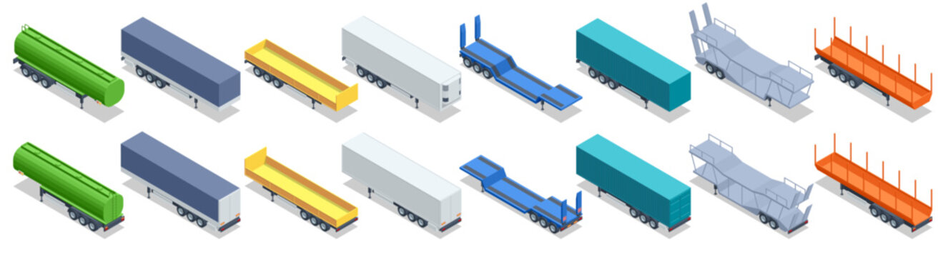 Isometric Types Of Trailers. Parked Semi Trailer, Semi Trailer Truck On A White Background