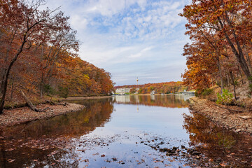 Overcast view of the fall color of a hiking trail in Lake of the Ozarks state Park