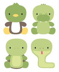 cute cartoon duck, alligator, turtle and snake