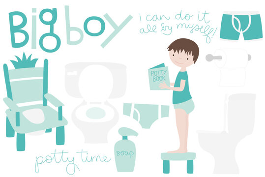 potty training boy character and icons set
