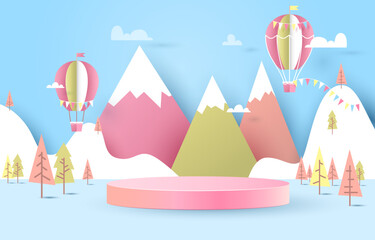 Podium for placing products blue background. balloon paper cut