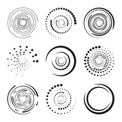 Vector set of black halftone dotted speed lines. Circular speed line made of circles.