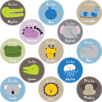 set of round animal alphabet elements for flashcards a-m