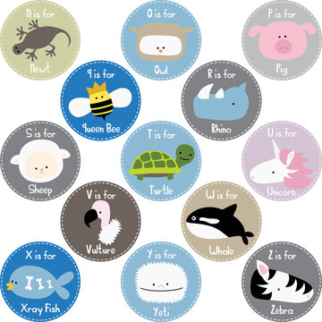 set of round animal alphabet elements for flashcards n-z