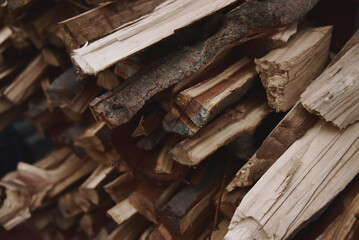 Stack of chopped firewood for home heating