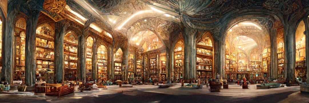 The ancient majestic hall of the library. Beautiful ceremonial hall with columns and arched ceilings, interior lighting. 3D illustration.