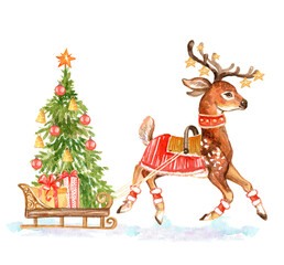 Santa deer and Christmas tree with gifts watercolor isolated illustration