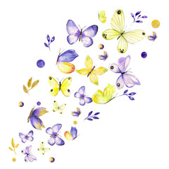 Fototapeta premium Watercolor illustration. Butterfly composition in yellow and purple colors with graphic elements. Flying butterflies, summer insects.