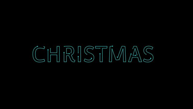 Animation of lettering phrase Merry Christmas from glowing neon lines, Christmas neon text effect in blue color on black background 