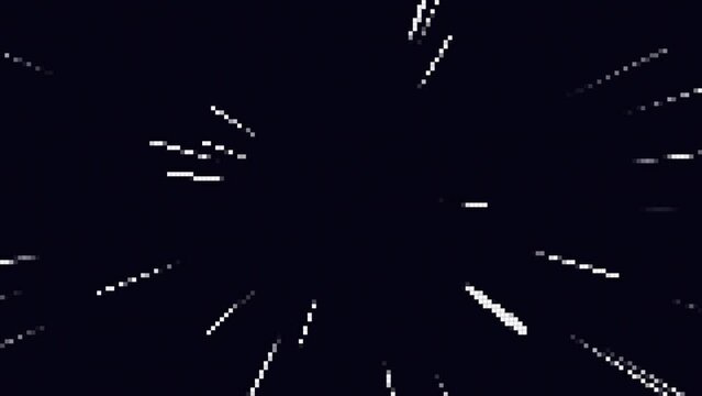 Looped minimalistic background with moving pixel rays. Pixel retro 8 bit background. The concept of space flight, supersonic speed. 4K video