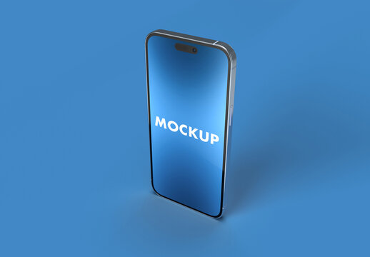 Silver iPhone 14 Pro Max Mockup in a Simple Blue Background Isometric Top View