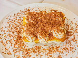 Close up shot of Tiramisu with chocolate chips