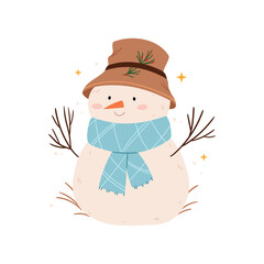 Funny snowman in a scarf and a hat. New Year's atmosphere. Scandinavian style.