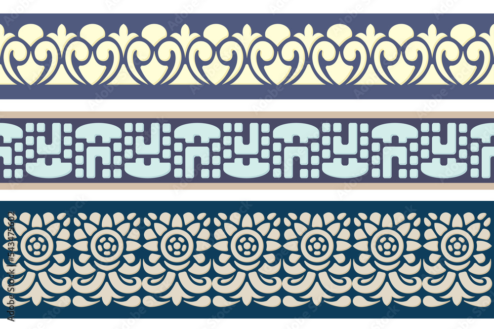 Poster seamless color trim set. abstract repeating motifs. lace ribbon tape, endless repeating trim pattern