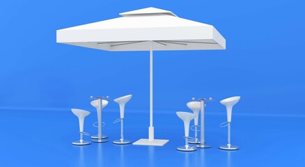 Promotion Square Advertising Outdoor Garden White Umbrella Umbrella. Mock Template. Isolated umbrella On Blue Background. Ready For Your Design. Product Packaging. 3d rendering. © adobedesigner