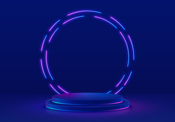 Realistic 3D dark blue cylinder pedestal podium with glowing circle round neon lighting line in futuristic style. Minimal scene for mockup products, Stage showcase, Promotion display. Abstract room.