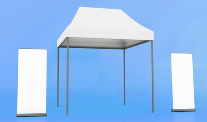 Promotion Advertising Outdoor Event Trade Fair Pop-Up Tent. Ready Mockup Template For Your Design. Business Roll Up Set. 3d rendering. © adobedesigner
