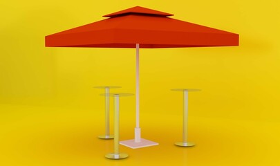 Promotion Square Advertising Outdoor Garden Red Umbrella Umbrella. Mock Template. Isolated umbrella On Yellow Background. Ready For Your Design. Product Packaging. 3d rendering. © adobedesigner