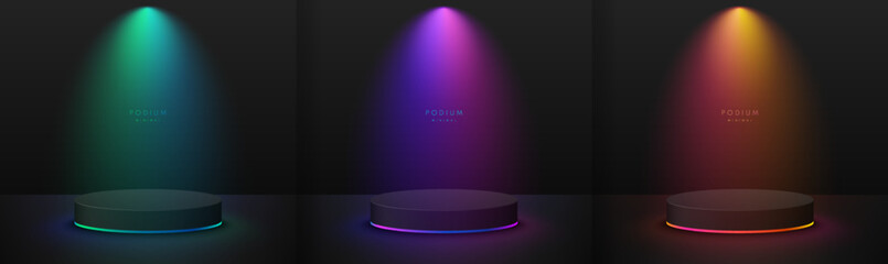 Set of realistic black 3D cylinder pedestal podium with red, pink, blue, yellow glowing neon light neon background. Abstract minimal scene. Mockup products, Stage for showcase, Vector geometric forms. © JE48