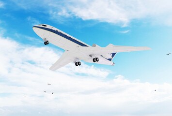Fototapeta na wymiar White passenger plane in the clouds. Travel by air transport. 3d rendering.