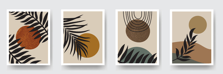 Fototapeta na wymiar Abstract geometric shapes poster in mid-century style. Tropical palm leaf, geo elements, poster, boho wall decor, flat design