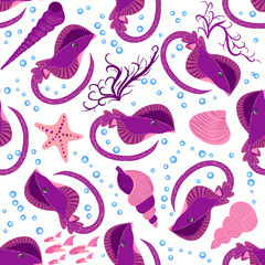 Batomorphi sea life, fish, animals bright seamless pattern. sea travel, snorkeling with animals, tropical fish