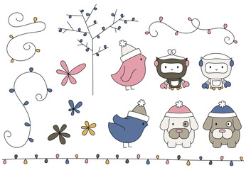 set of winter birds and animals