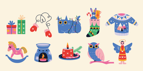 Fototapeta premium Collection of New Year and Christmas attributes, cartoon style. Set of traditional winter holidays symbols. Xmas decorations, clothes, toys and gifts. Trendy modern vector illustration, flat design