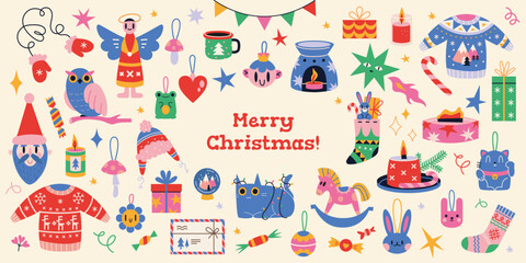 Collection of New Year and Christmas attributes, cartoon style. Set of traditional winter holidays symbols. Xmas decorations, clothes, toys and gifts. Trendy modern vector illustration, flat design. © WinWinFolly