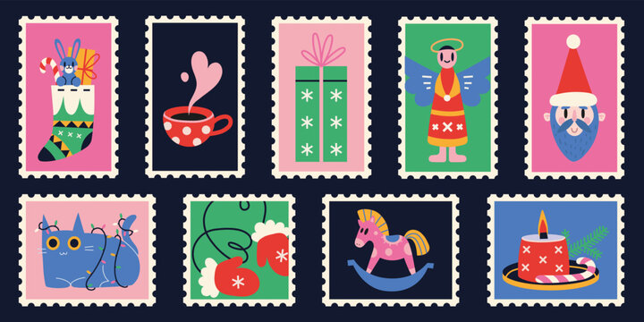 Set of cute hand-drawn post stamps with Christmas and New Year attributes. Trendy modern vector illustartions in Cartoon Flat design. Mail and post office drawing