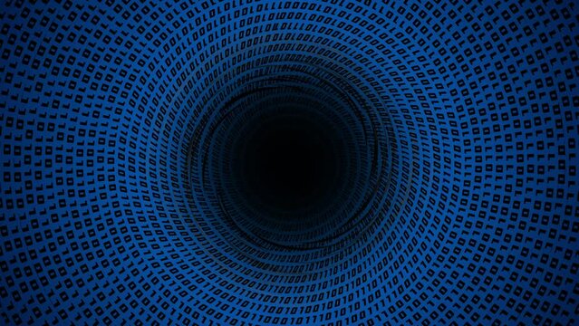 Binary code on blue background pulled into black hole
