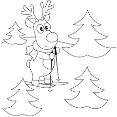 Vector coloring pages with cute deer in a scarf skiing in the forest. Cartoon contour illustration isolated on white background
