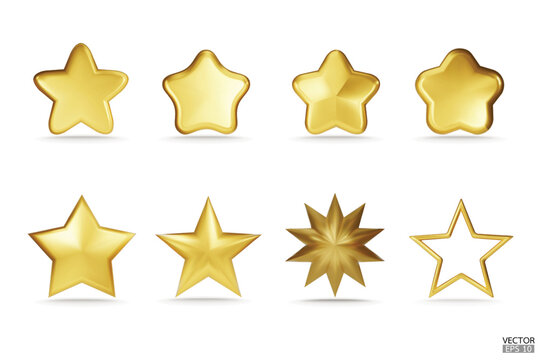Premium Set of gold 3d stars icon for apps, products, websites, and mobile applications. Cute cartoon golden stars quality rating isolated on white background. 3D vector illustration.