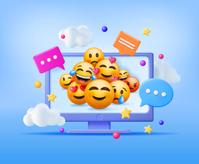 Obraz premium 3D Set of Emoticons in Computer. Social Media Yellow Faces with Various Emotions and Expression. Tear Smile Sad Love Happy Unhappy Like Lol Angry Wink Laughter Emoji Character. Vector Illustration
