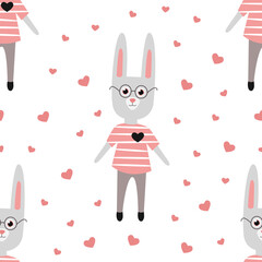 Vector Seamless Romantic Pattern with Cute Rabbits and Hearts on a white background. A Gray Hare with Glasses and a Striped T-Shirt. Cute Design for Wrapping Paper, Postcards, Textiles and Fabric.