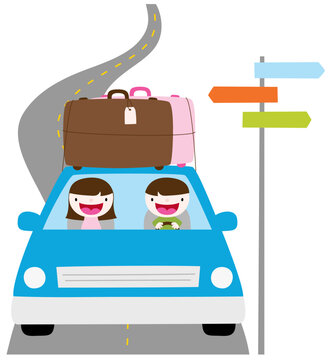 car with suitcase on road trip