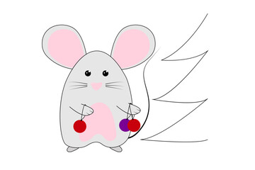 Mouse with Christmas balls.Illustration for greeting cards, calendars, prints etc. Hand draw mouse for Christmas design.Vector cartoon illustration isolated on white background
