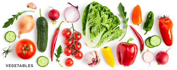Foto auf Acrylglas Frisches Gemüse Unterschiedlicher Salatgemüsesatz lokalisiert auf weißem Hintergrund.