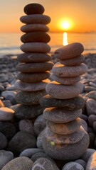 Pyramid of sea pebbles on the seashore. Sunset at the top of a stone tower. A small orange disk of the sun against the background of three stone pyramids