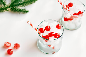 Christmas cranberry cocktail. Refreshing alcoholic drink with berries and ice for xmas and new year holidays party.