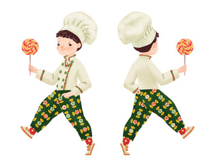 Little boy in chef costume with lollipop on stick. Front and back character in carnival clothes. Mascot for candy store, party and cook festivele. Cartoon illustration isolated on white background - 543479297