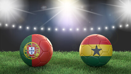 Two soccer balls in flags colors on stadium blurred background. Portugal vs Ghana. 3d image